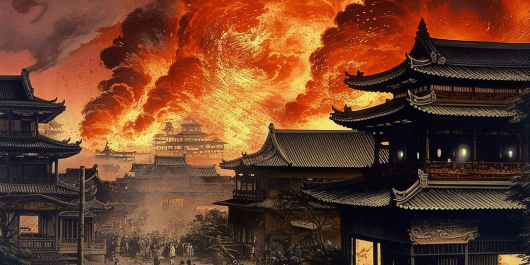 Traditional East Asian buildings are silhouetted against a massive firestorm engulfing the background, with smoke and crowds below.