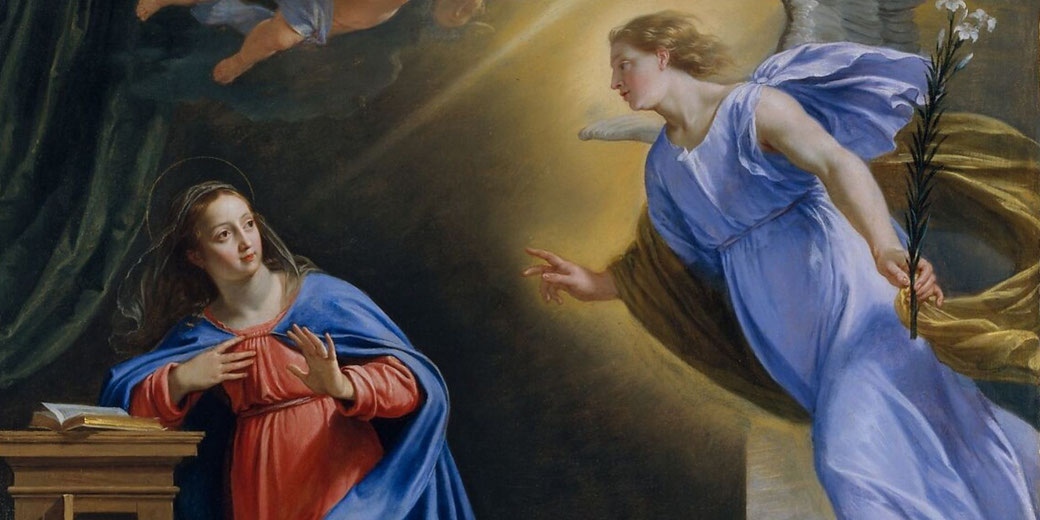 The Virgin Mary kneels as the angel Gabriel announces the coming birth of Christ; painted in oil on oak with strong light and sculptural figures.