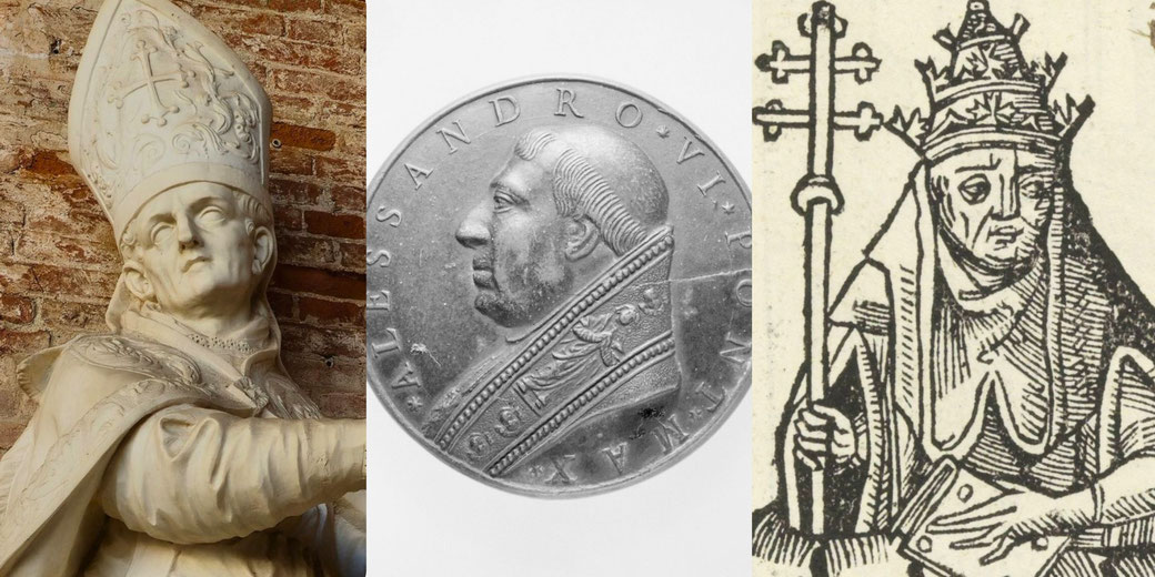 Three artistic depictions of popes: a marble statue, a detailed coin profile, and a woodcut illustration holding a cross staff and book.