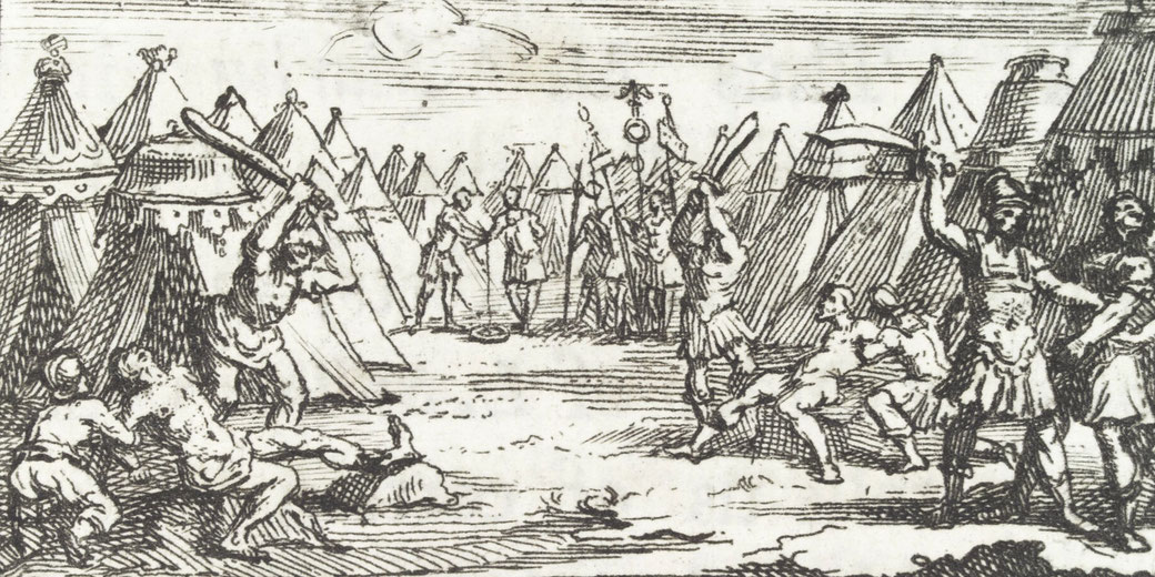 Engraving of a chaotic battle or massacre scene in an ancient military camp, with tents, armed figures, and fallen bodies.