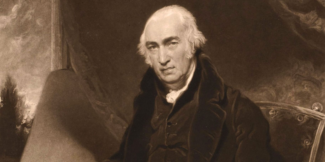A sepia-toned portrait of an elderly man with a stern expression, wearing a dark coat and white cravat.