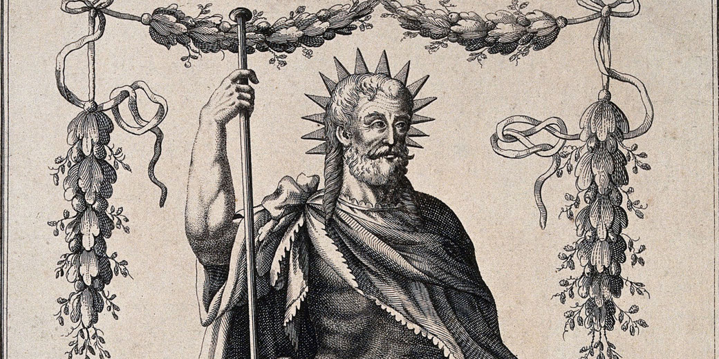 Engraving of a bearded man with a radiant halo holding a staff, draped in a robe, framed by decorative garlands.