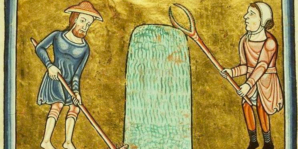 Two peasants harvesting hay. One man in a blue tunic and straw hat uses a scythe, while the other in red with a white cap wields a hay rake.