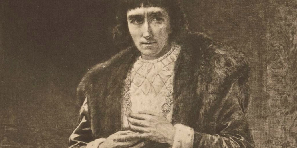 A monochromatic portrait of a solemn, medieval-looking man in a fur-lined robe and ornate tunic.
