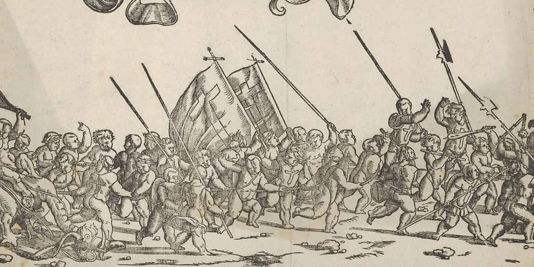 A detailed woodcut depicting the Children's Crusade, featuring numerous figures and inscriptions across a long, narrow sheet.