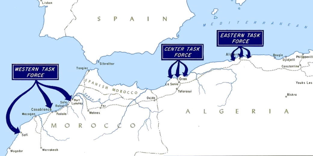Map showing Allied landing zones in North Africa during WWII, divided into Western, Center, and Eastern Task Forces targeting Morocco and Algeria.