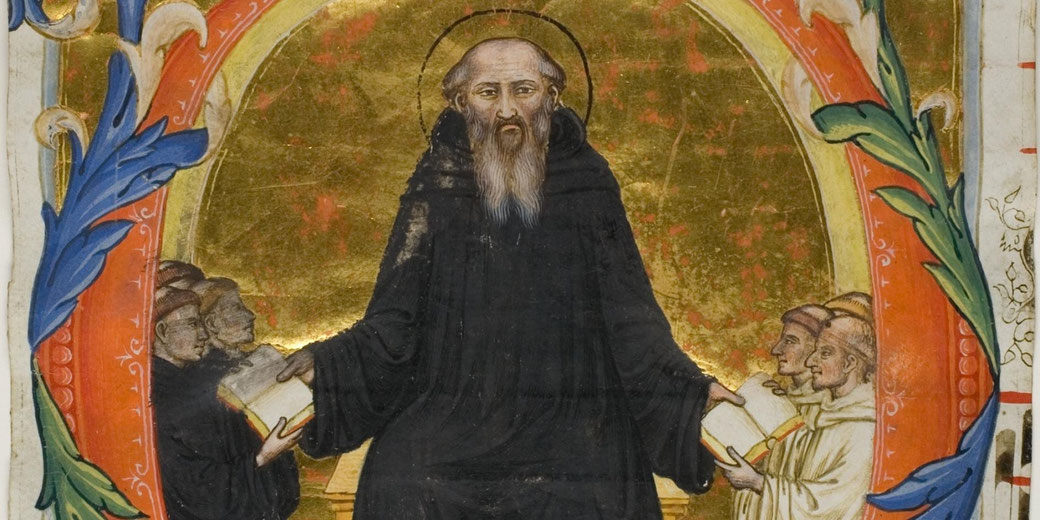 Saint Benedict presents his rule to monks within a decorated initial O, painted in tempera and gold on parchment.