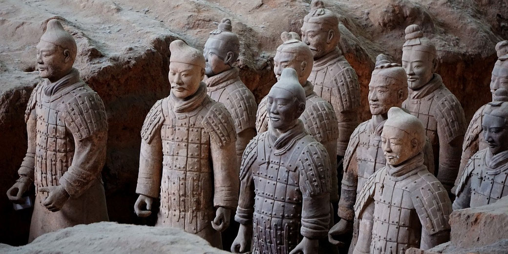 A group of life-sized Terracotta Warriors, part of the ancient army buried with China's first emperor, Qin Shi Huang.