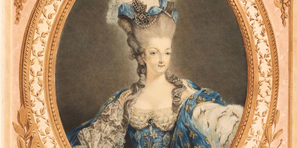An elegant portrait of a noblewoman in an 18th-century gown with intricate lace, blue fabric, and fur trim. She wears a towering powdered wig adorned with ribbons, pearls, and feathers, framed in an ornate oval border.
