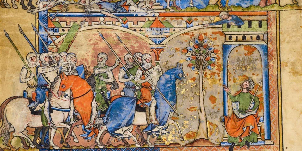 Illuminated manuscript leaf with Old Testament scenes in tempera, gold leaf, and ink on parchment, part of a medieval picture Bible with figures and architecture in medieval French style.
