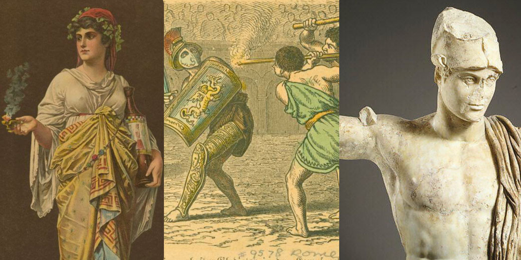 A collage features a Vestal Virgin holding a lamp, a dramatic gladiator fight, and a damaged marble statue of a warrior, representing different aspects of ancient Roman society, religion, and combat.