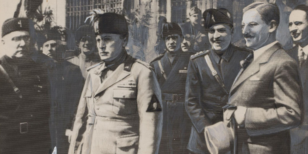 Benito Mussolini walks alongside officials and fascist party members, dressed in military uniform and surrounded by serious expressions in a partially colorized historical photo.