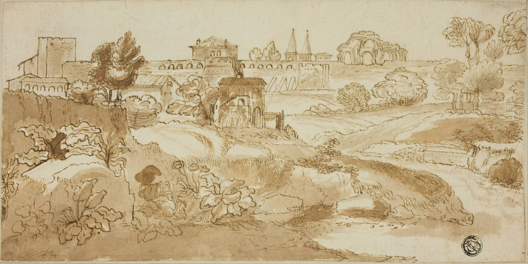 A panoramic drawing of Rome’s outskirts shows the Via Appia stretching into the distance, with small figures and classical ruins set within a wide, open landscape.