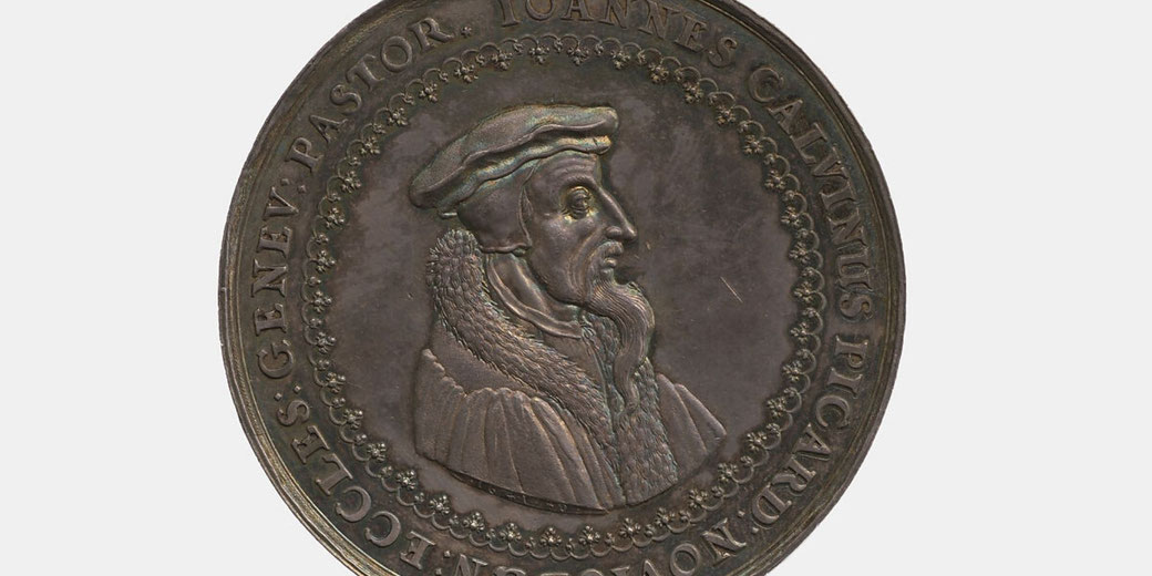 Silver medal featuring a portrait of John Calvin by German artist Sebastian Dadler, created in 1641 with detailed profile engraving.