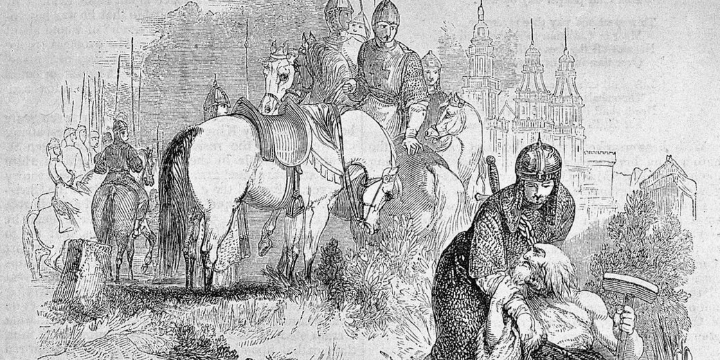 Medieval engraving of armored knights on horseback beside a fallen elderly man, with church towers and soldiers in the background.