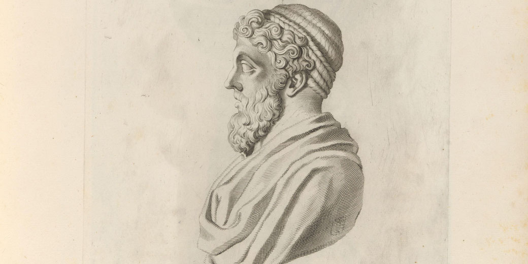 Engraving by Theodor Matham depicting busts of Antisthenes and Cleisthenes, each adorned with Vincenzo Giustiniani's coat of arms.