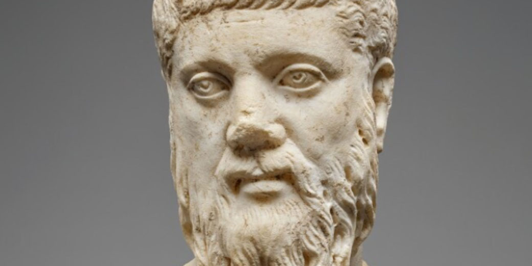 Marble portrait head of Plato, crafted for integration into a full statue, dating to the mid-3rd century CE.