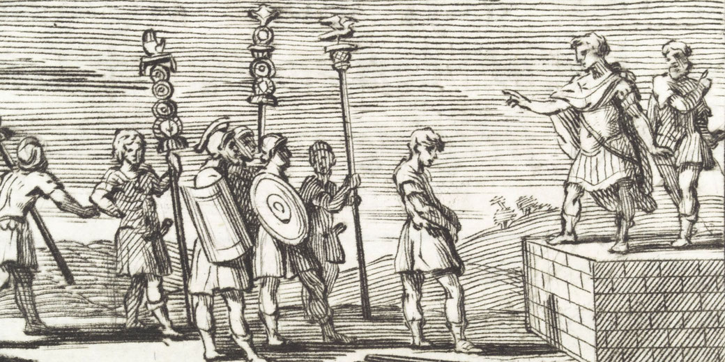 A Roman soldier being dismissed or discharged. A leader gestures from a platform while soldiers stand with shields and standards.