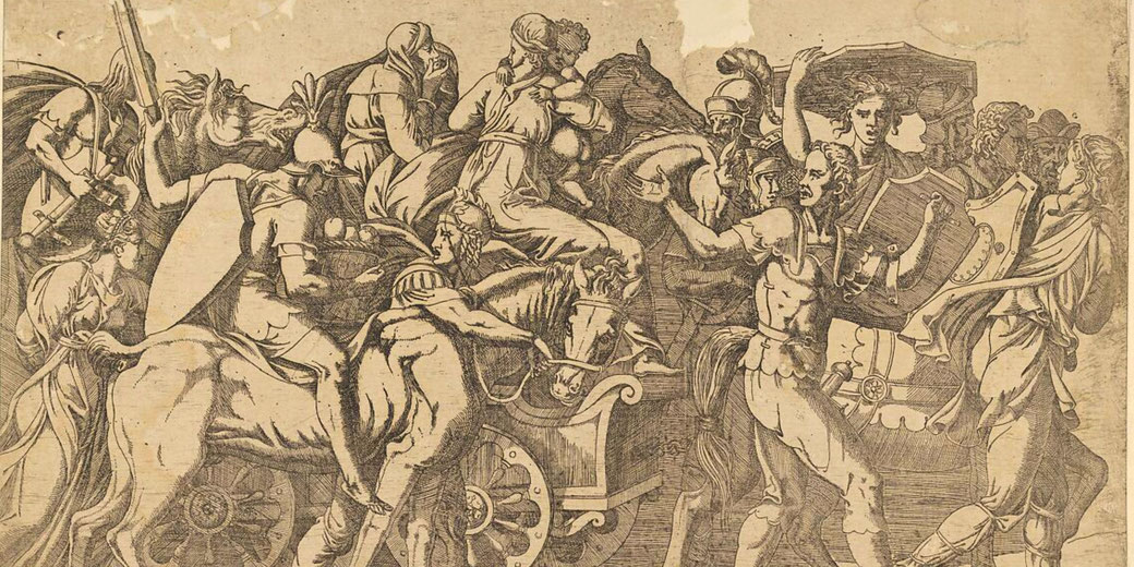 A chaotic Roman military convoy, featuring soldiers, chariots, and captives. Warriors wield swords and shields, while horses rear and figures struggle in a dramatic, action-packed scene.