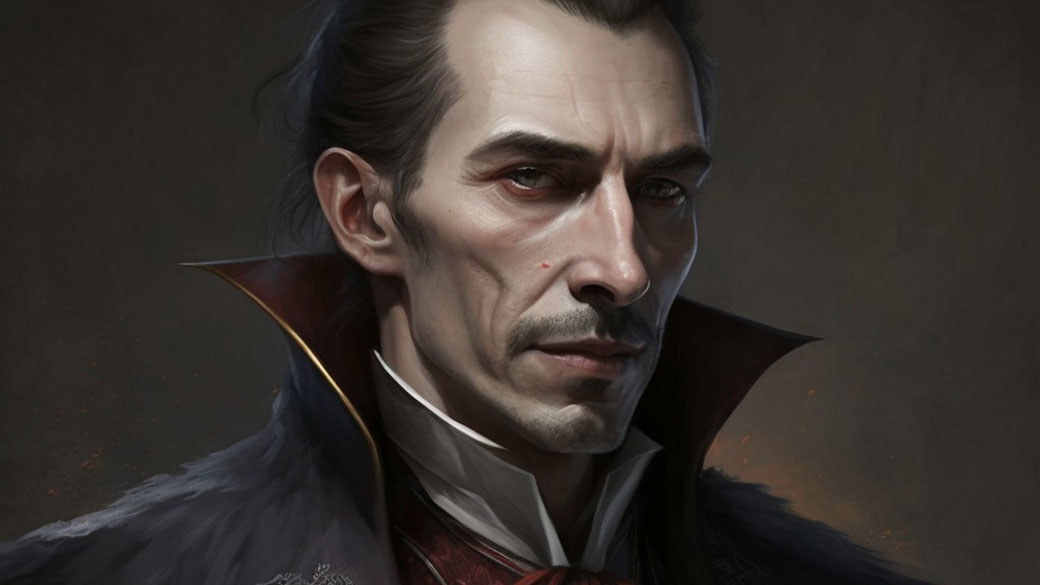 A close-up portrait of a man with sharp features, pale skin, dark hair, and a thin mustache, wearing a dramatic high-collared coat.
