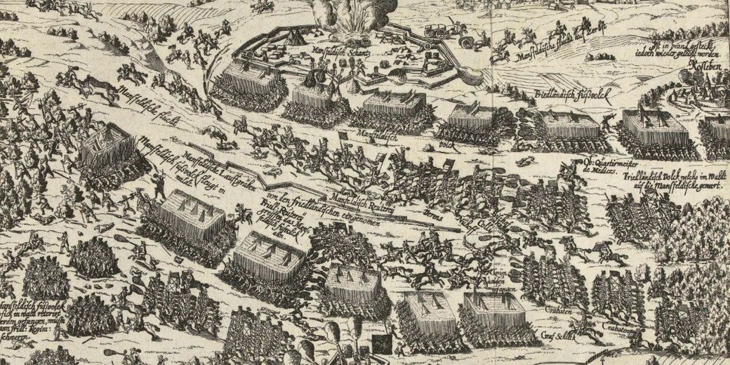 An intricate historical battle map depicts a chaotic battlefield with cavalry charges, infantry formations, fortified camps, and an exploding fortress.