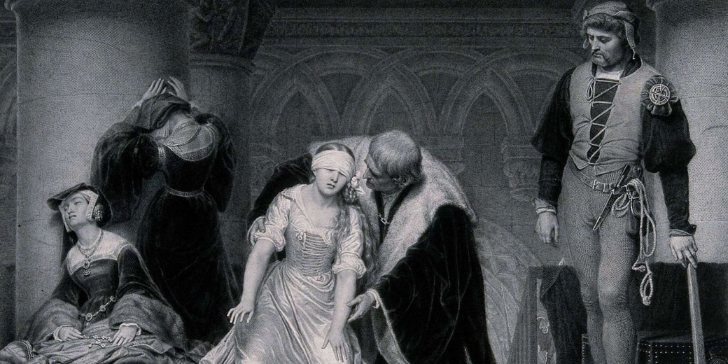 A historical engraving depicting a blindfolded young woman being comforted by an older man, while others mourn around her.