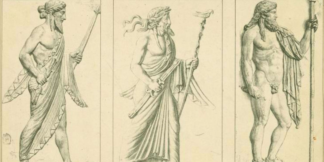 Three detailed sketches of ancient male figures, each holding a staff or scepter, draped in classical garments or partially nude.