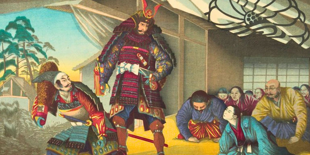 A samurai in ornate armor confronting a kneeling warrior. Onlookers in colorful robes react with concern inside a wooden structure, with trees and houses in the background.