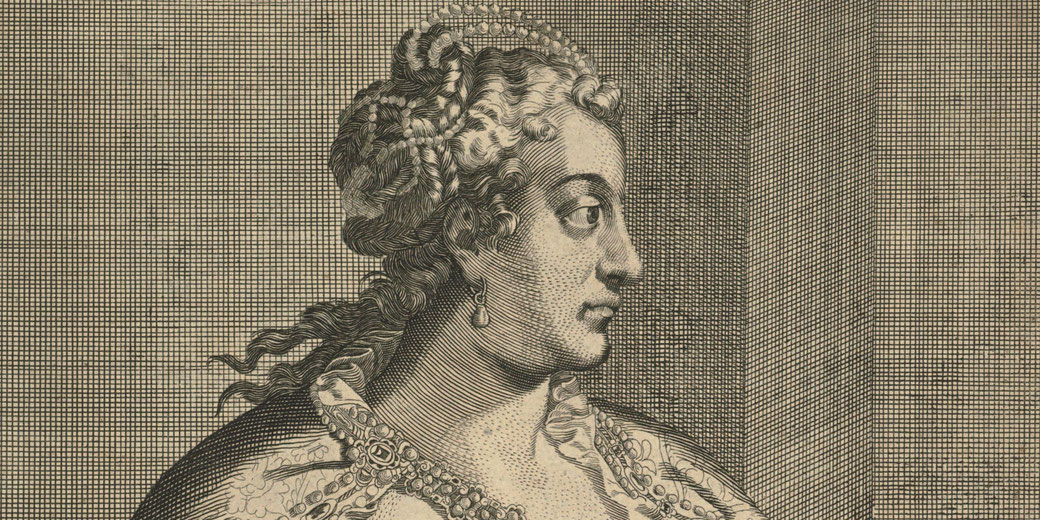 A detailed engraving of a woman in profile with curly hair, pearls, and elaborate clothing, looking to the right.