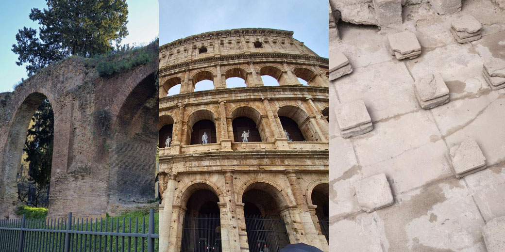 Roman engineering feats: an aqueduct, the Colosseum, and a hypocaust heating system.