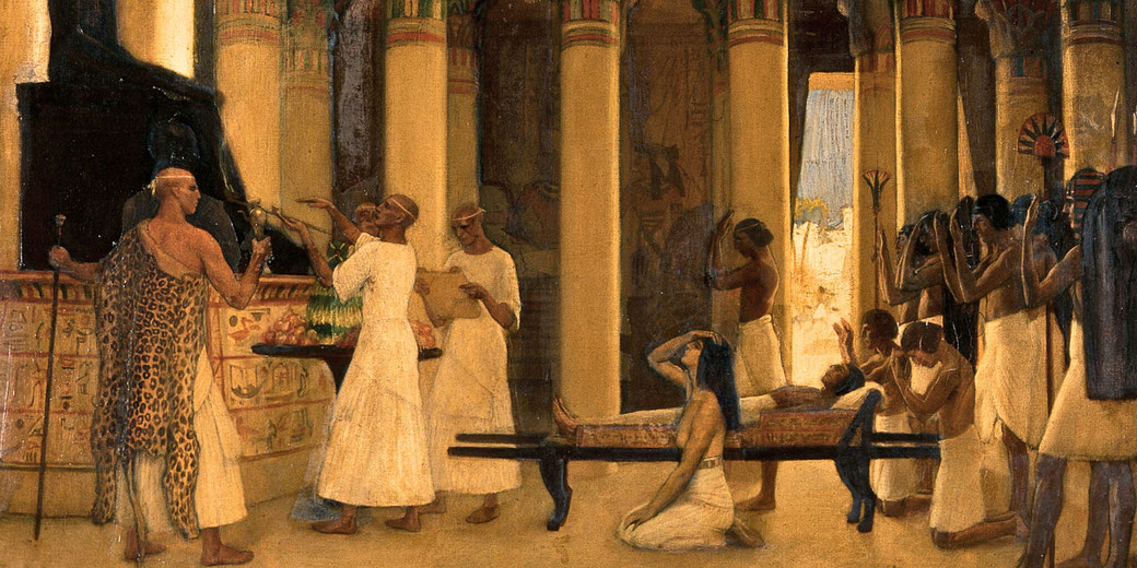 An ancient Egyptian funerary ritual inside a temple. Priests, some in leopard skins, perform rites before a mummy on a bier, while mourners wail and others offer prayers to the gods.