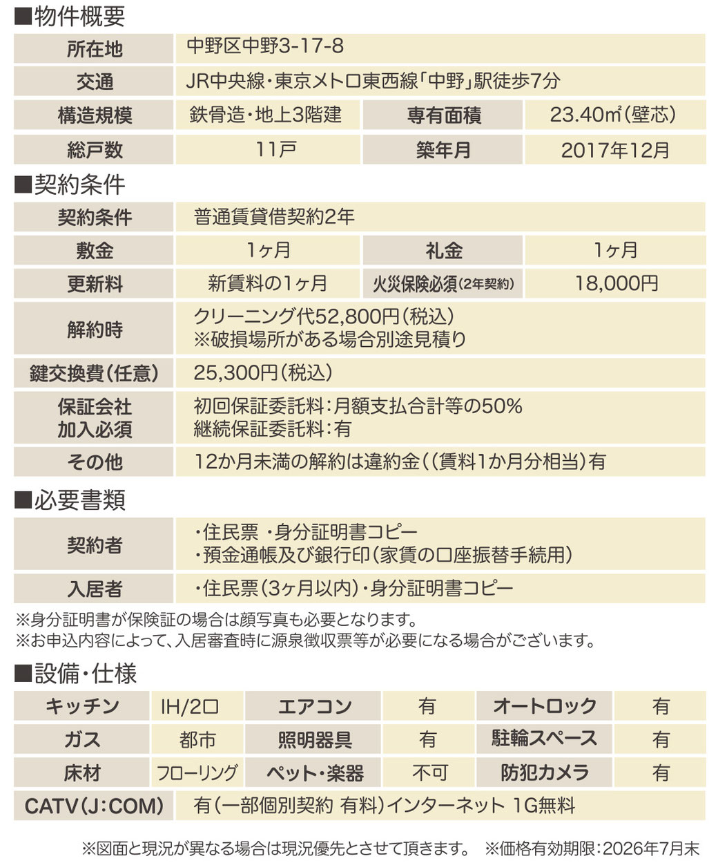 パルゼ中野三丁目105号室募集概要