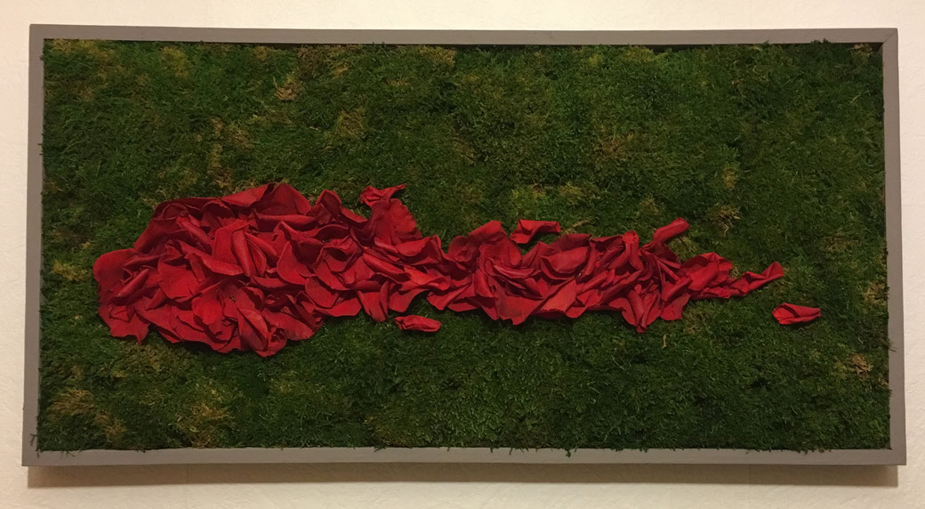 tableau zen couleurs chaudes roses rouges mousse verte lichen design épuré minimalisme sobre  nature  comète imaginaire envol douceur chaleur  land art