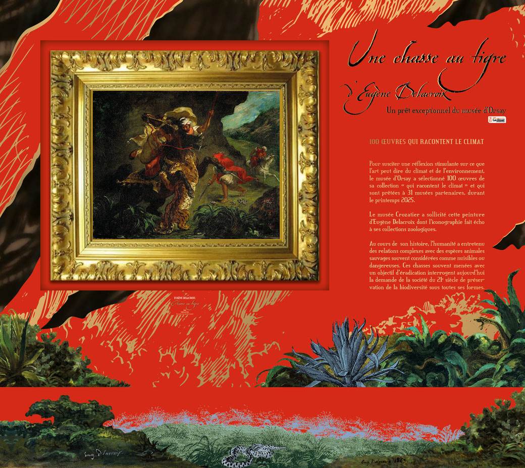 Simulation de l'ensemble du dispositif pour "Chasse au tigre" d'Eugène Delacroix, "Cent œuvres qui racontent le climat", prêt exceptionnel du musée d'Orsay, musée Crozatier