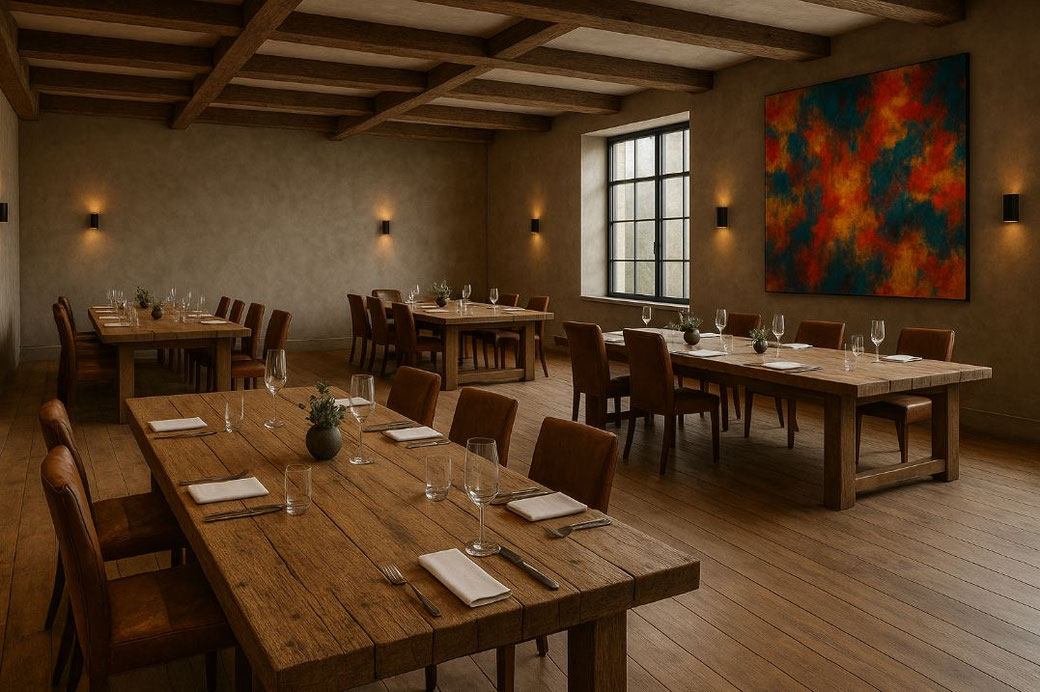 Nobelrestaurant mit Altholztischen, Lederstühlen und edler Wandgestaltung – stilvolle Verbindung von Tradition und Moderne