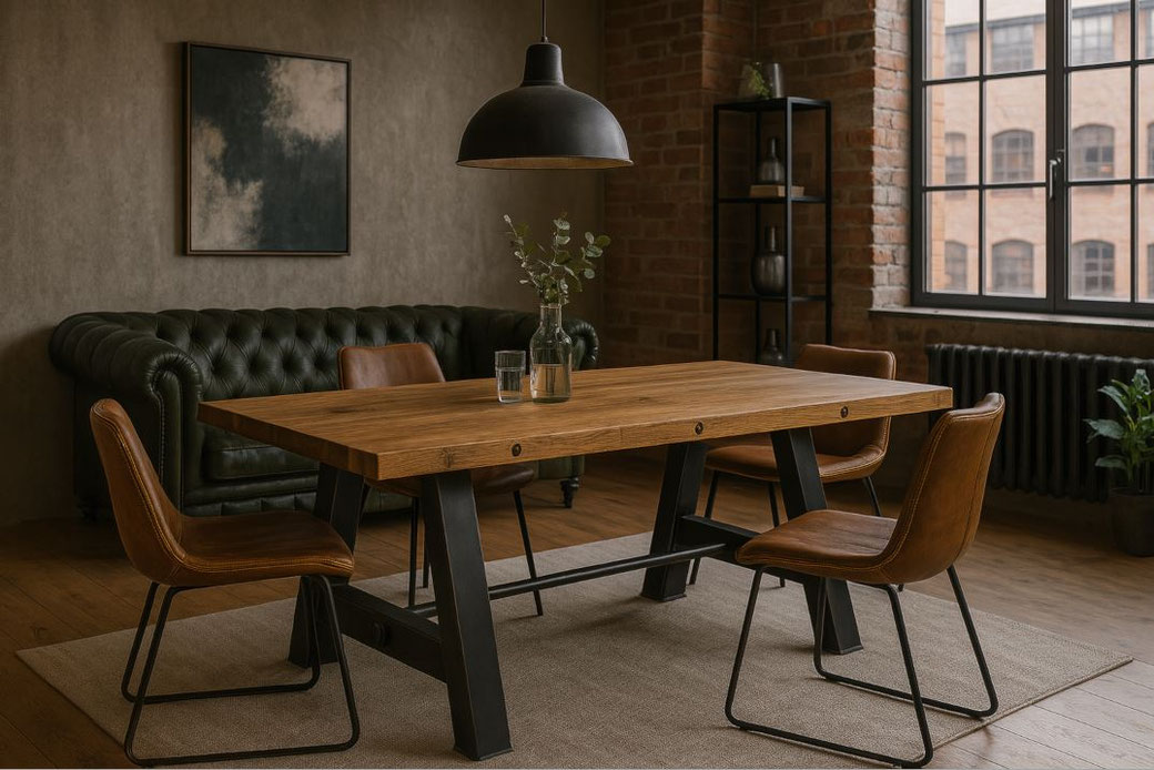 Esstisch Luigi aus massiver Eiche mit eingelassenen Stahlbolzen, schwarzem A-Gestell und Querverstrebung im Industrial Design, handgefertigt und individuell nach Maß.