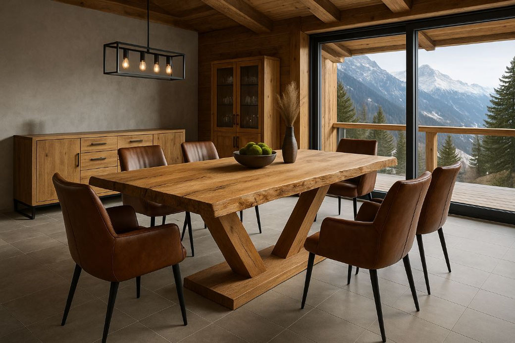 Esstisch mit Baumkante und V-Gestell aus Altholz im modernen Chalet im Montafon – stilvoller Ausblick auf die Alpen