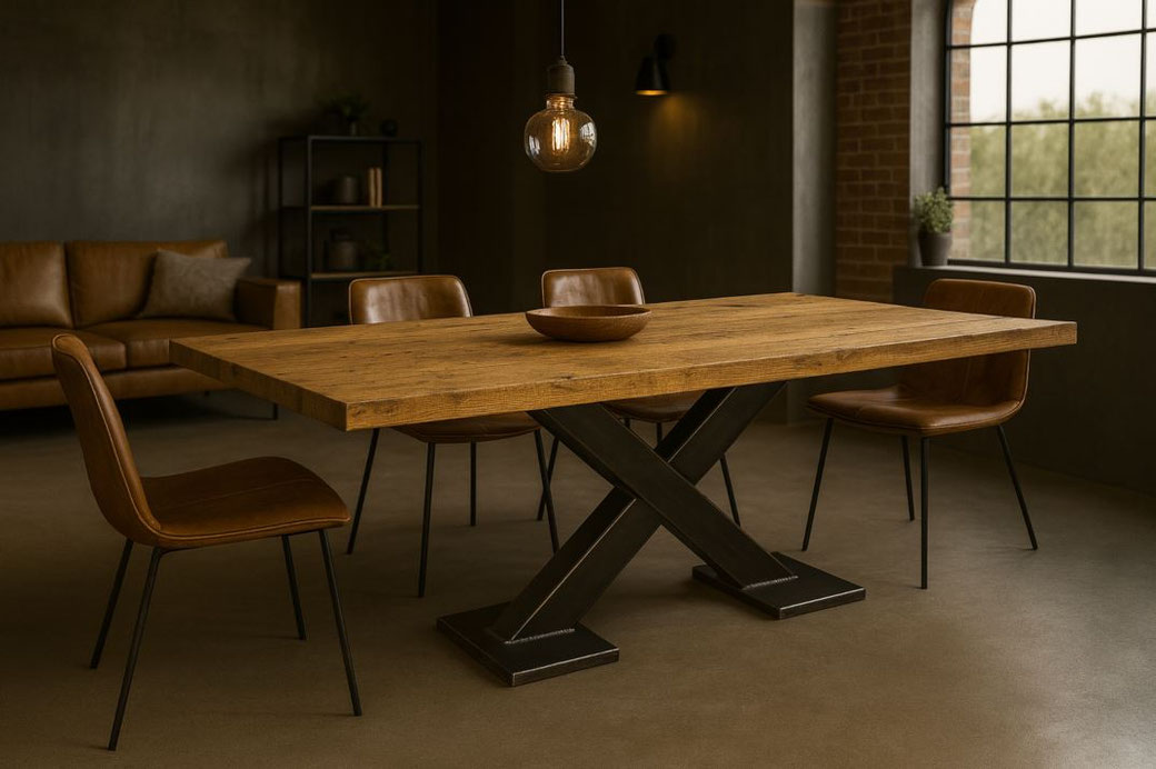 Esstisch Alessio aus massiver Eiche mit Mittelfuß-Kreuzgestell aus Stahl im Industrial Design, handgefertigt mit viel Beinfreiheit in modernem Loft-Ambiente