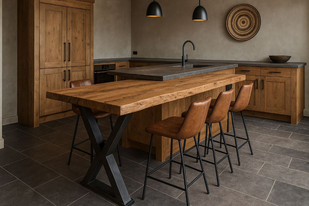 Moderne Chaletküche mit Hochtisch aus Altholz-Eiche und X-Gestell – stilvolles Küchendesign mit Leder-Barhockern