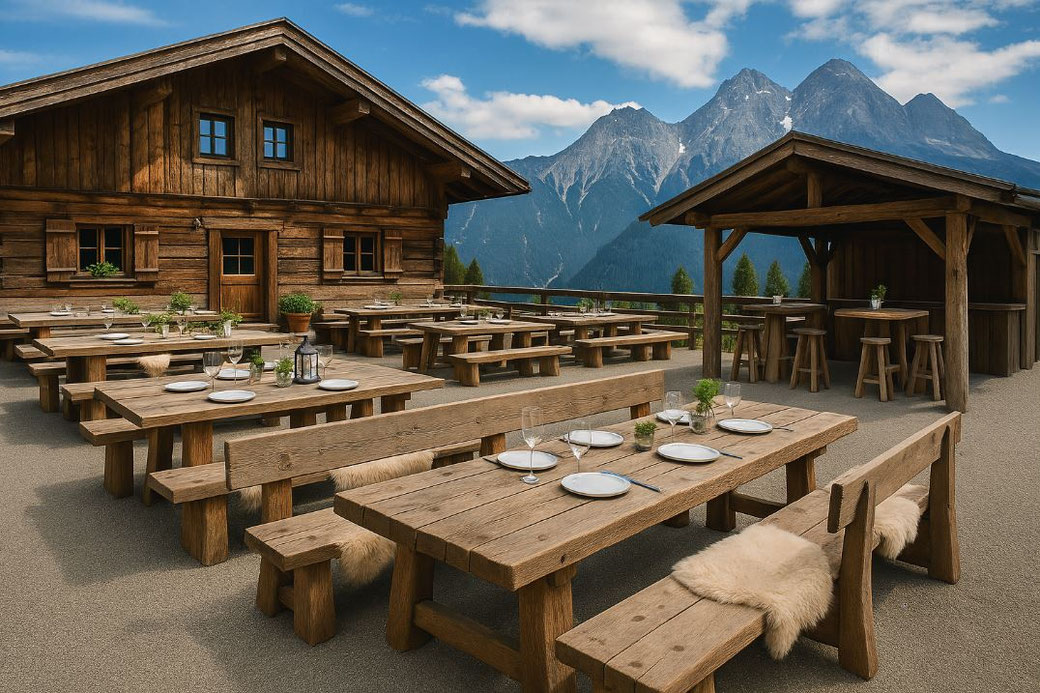 Klostertische aus Altholz im Tiroler Biergarten mit Panoramablick auf die Alpen – stimmungsvolle Außengastronomie