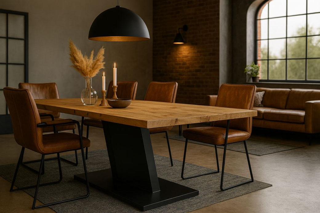 Esstisch Alessandro aus massiver Eiche mit Baumkante und Z-Mittelfußgestell aus schwarzem Stahl im Industrial Design, handgefertigt mit viel Beinfreiheit und charaktervoller Holzstruktur