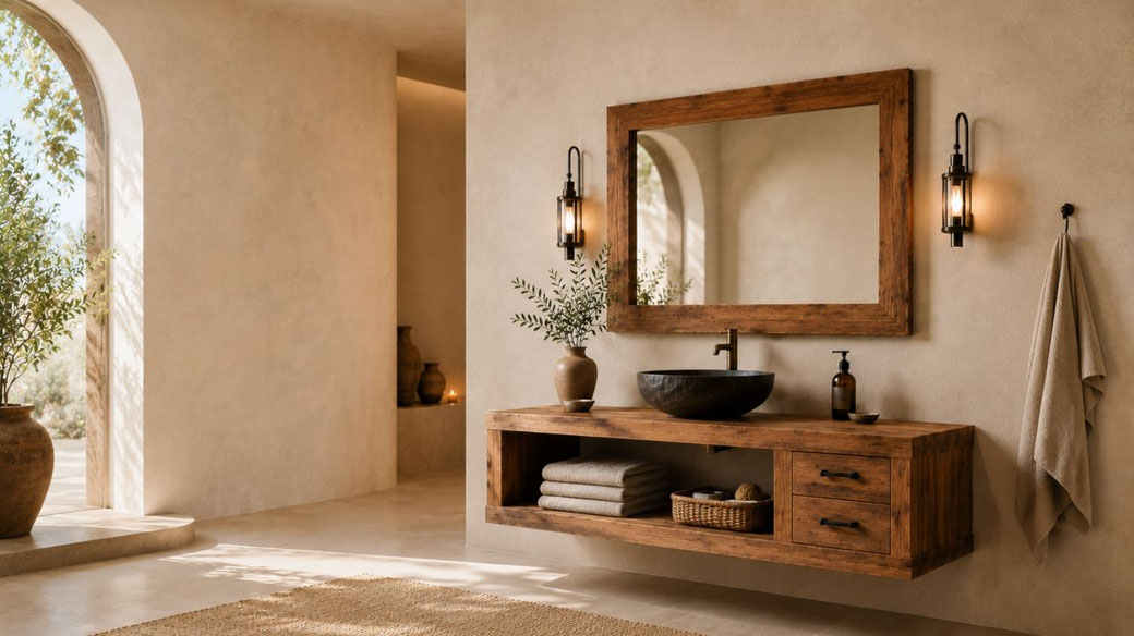 Badmöbel nach Maß aus Eiche mit wandhängendem Waschtisch, Holzspiegel und mediterranem Spa-Bad