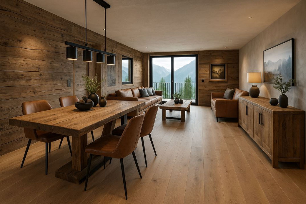 Wohn- und Esszimmer im Chaletstil mit Altholz-Esstisch, Lederstühlen und Designmöbeln – stilvolles Altholzambiente in Österreich