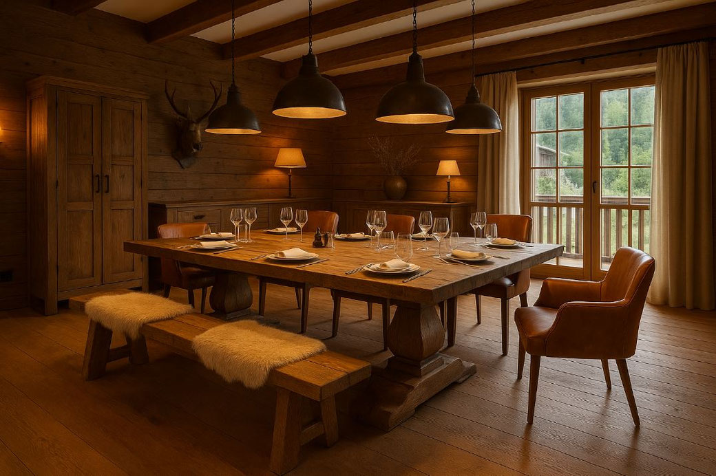 Großer Altholz-Esstisch mit Bank und Ledermöbeln im gemütlichen Chalet-Ambiente – moderner Chaletstil