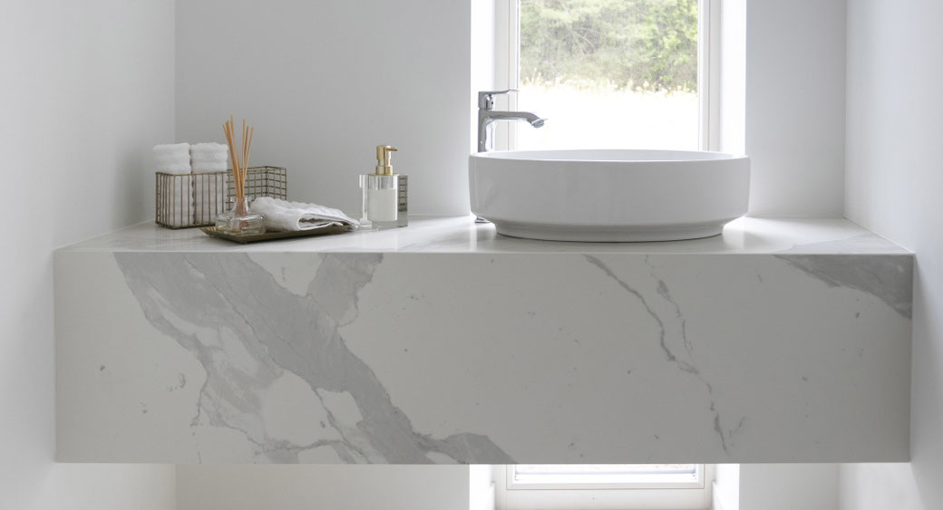 Bathroom vanity fabricated from Laminam artificial stone is water-resistant