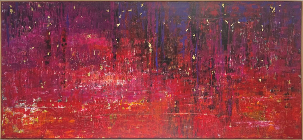 O. T. Acryl-Mischtechnik auf Leinwand, Blattmetall. 200 x 90 cm (verkauft)