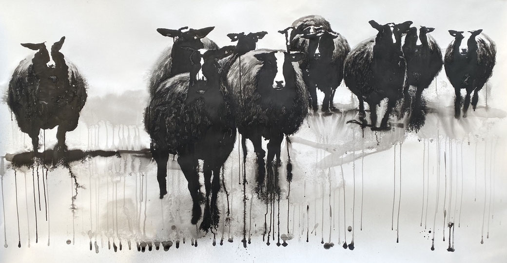 Zwartbles flock, ink on paper107x200cm, 2019 SOLD