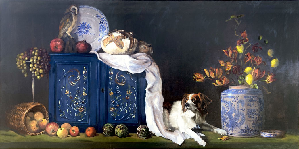 Still life with dog and owl, commission, oil on canvas 100x200cm