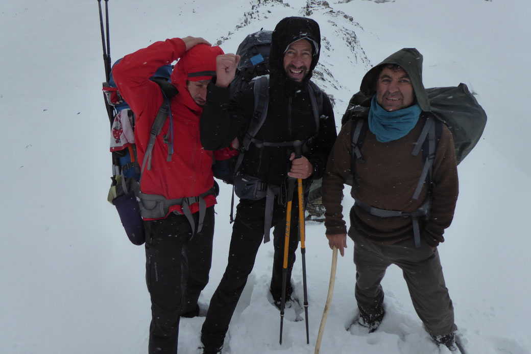 Panji pass 4680 meter, from left to right; David, Davide and Murrad