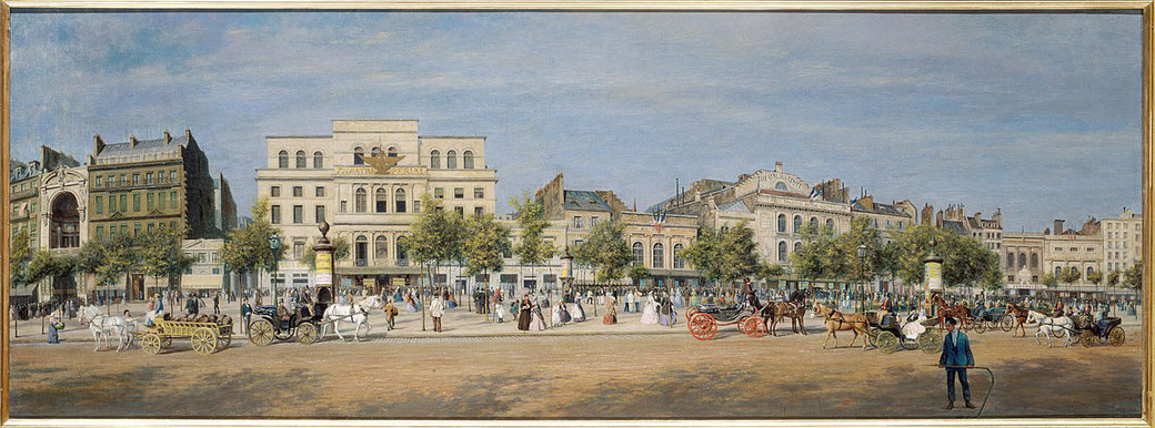 Vue générale des théâtres du boulevard du Temple en 1862, par Adolphe Martial Potémont - source : https://commons.wikimedia.org/wiki/File:AdolpheMartialPotemontLeboulevardDuTemple1862.JPG